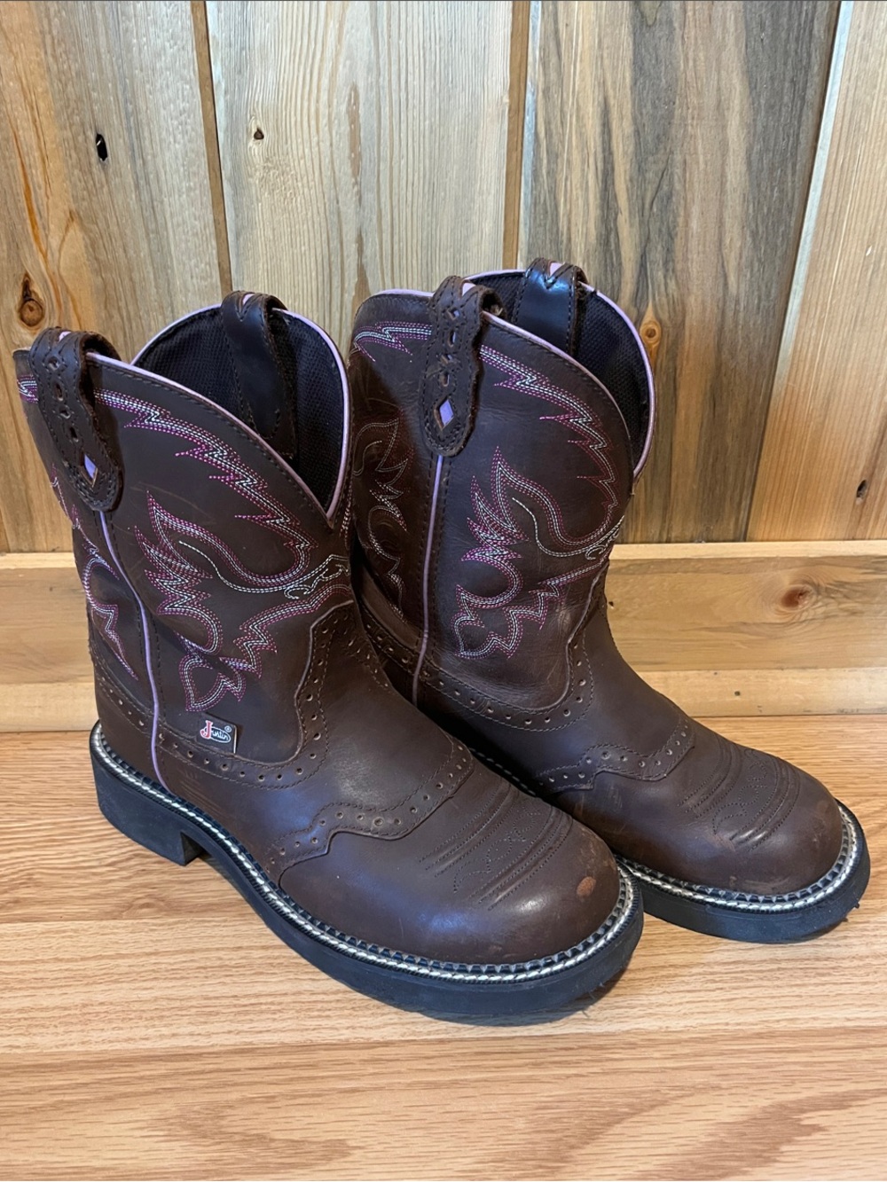 Justin Boots Brown Leather Western Ankle Booties with Pink Stitching